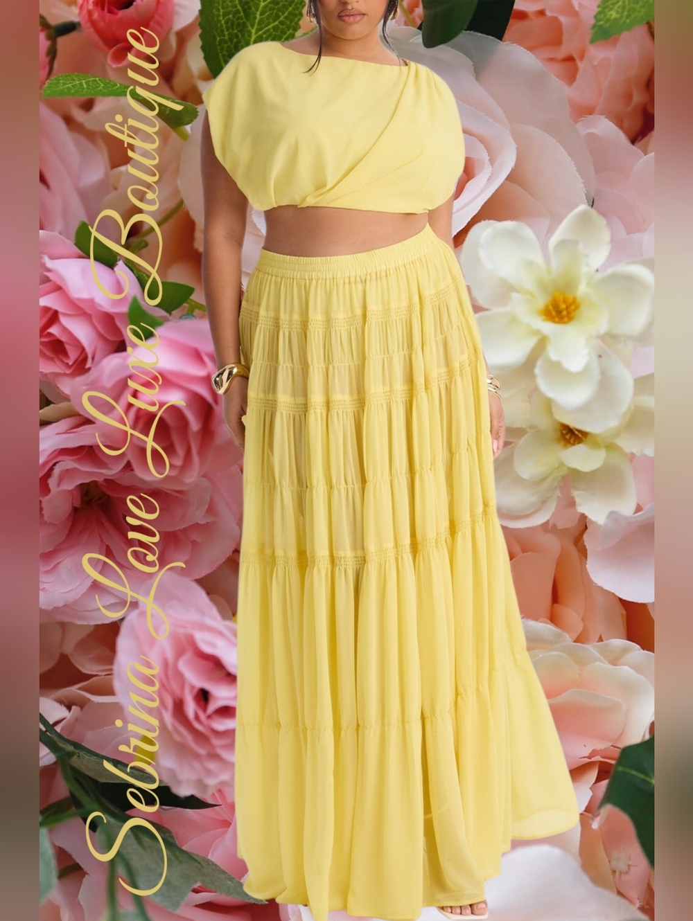 Romantic Yellow Chiffon Cropped Top & Flowy Tiered Maxi Skirt Set (Size 3X)